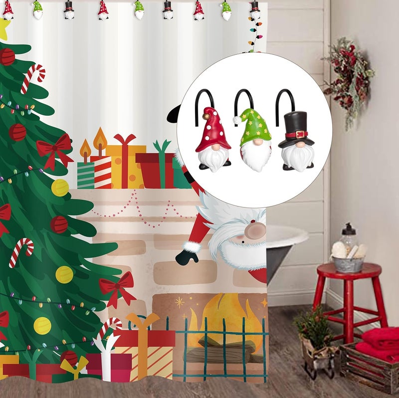 Sunlit Christmas Shower Curtain Hooks, Gnome Shower Curtain Rings with Black Hooks, Hand Painted Resin Christmas Decor, Winter Bathroom Decoration, Black Green Red with Polka, Set of 12 - Image 5